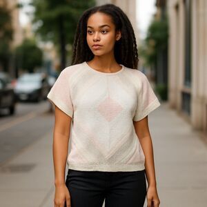 VTG Beldoch Popper Sz M Lightweight Sweater Top Grandmacore Pink Cream EUC